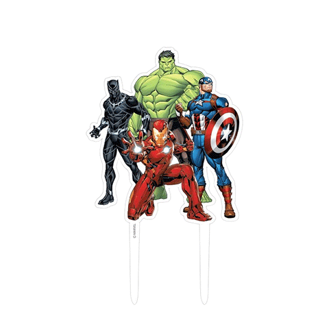 Marvel Avengers Acrylic Cake Topper. Measures 10cm x 17cm and features iconic Avengers imagery and symbols including Hulk, Ironman, Captain America and Black Widow.